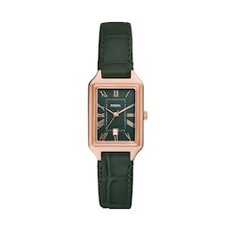 Ladies’ Fossil Raquel Rectangular Watch with Green Dial and Green Leather Strap (Model: ES5366)
