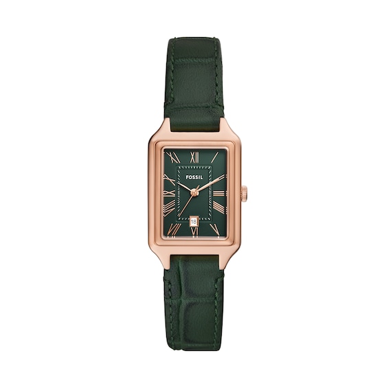 Ladiesâ Fossil Raquel Rectangular Watch with Green Dial and Green Leather Strap (Model: Es5366)