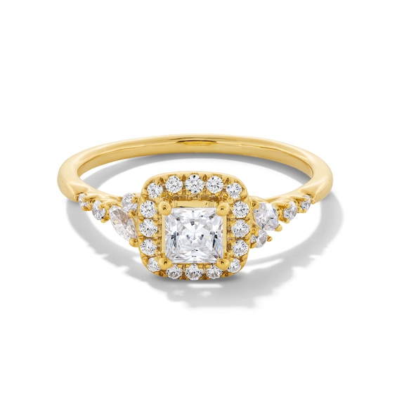 3/4 CT. T.w. Princess-Cut Diamond Cushion Frame Leaf-Sides Engagement Ring in 14K Gold