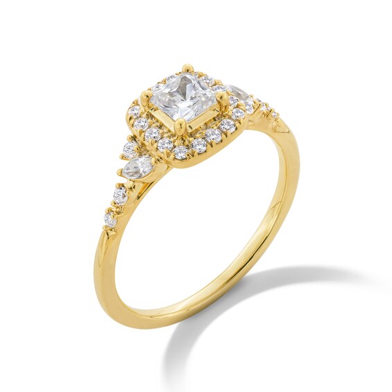 3/4 CT. T.w. Princess-Cut Diamond Cushion Frame Leaf-Sides Engagement Ring in 14K Gold