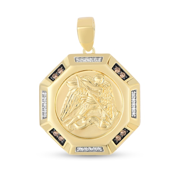 1/5 CT. T.w. Brown and White Diamond Saint Michael Octagon Medallion Necklace Charm in 10K Gold