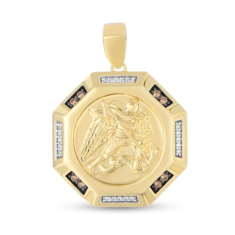 Main Image 1 of 1/5 CT. T.W. Brown and White Diamond Saint Michael Octagon Medallion Necklace Charm in 10K Gold