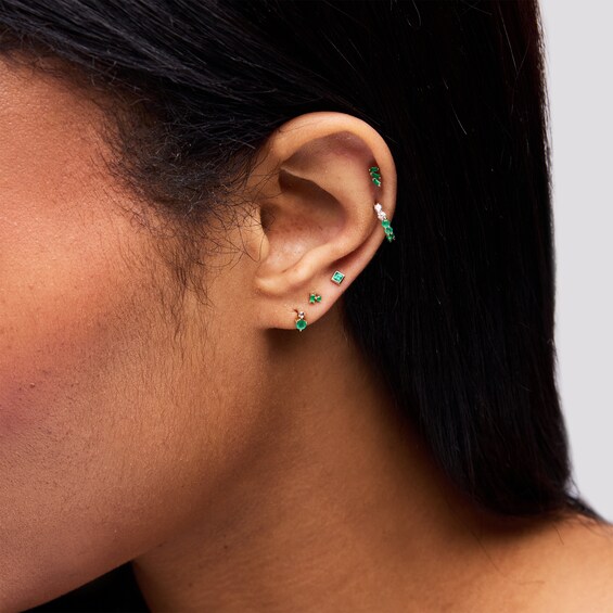 Baguette and Round Emerald Stacked Single Cartilage Stud Earring in 14K Gold