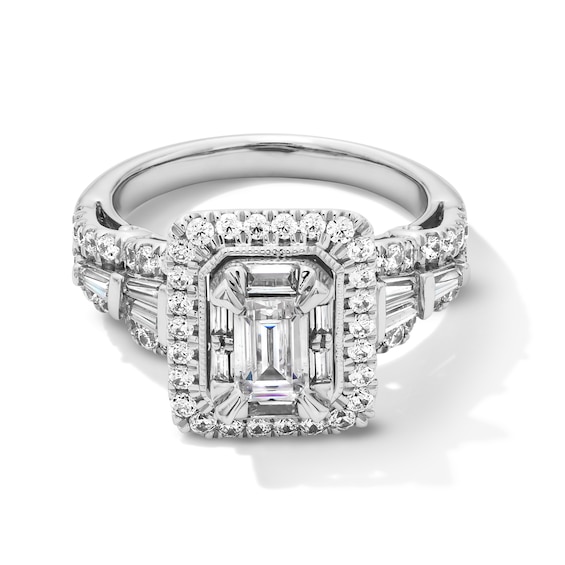 1-1/2 CT. T.w. Emerald-Cut Diamond Double Frame Split Shank Engagement Ring in 14K White Gold