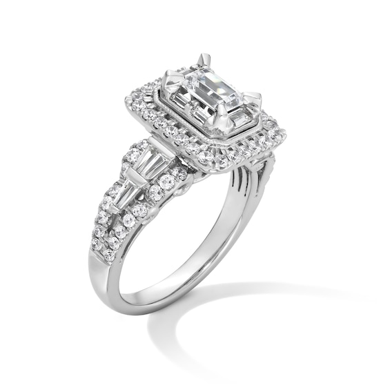 1-1/2 CT. T.w. Emerald-Cut Diamond Double Frame Split Shank Engagement Ring in 14K White Gold