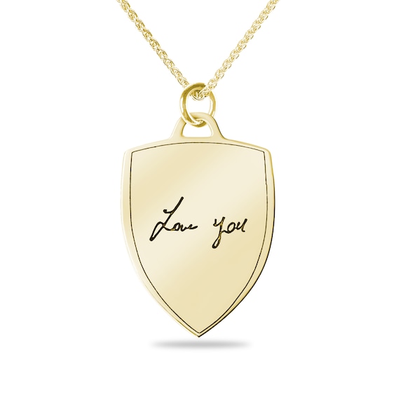Engravable Handwriting Shield Pendant in 10K White or Yellow Gold (1 Image and 2 Lines) - 22â