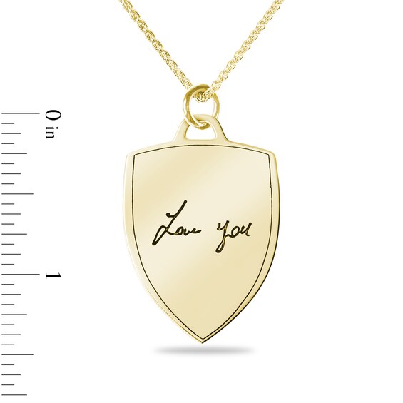 Engravable Handwriting Shield Pendant in 10K White or Yellow Gold (1 Image and 2 Lines) - 22â