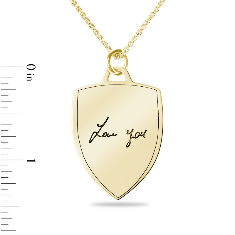 Main Image 3 of Engravable Handwriting Shield Pendant in 10K White or Yellow Gold (1 Image and 2 Lines) - 22”