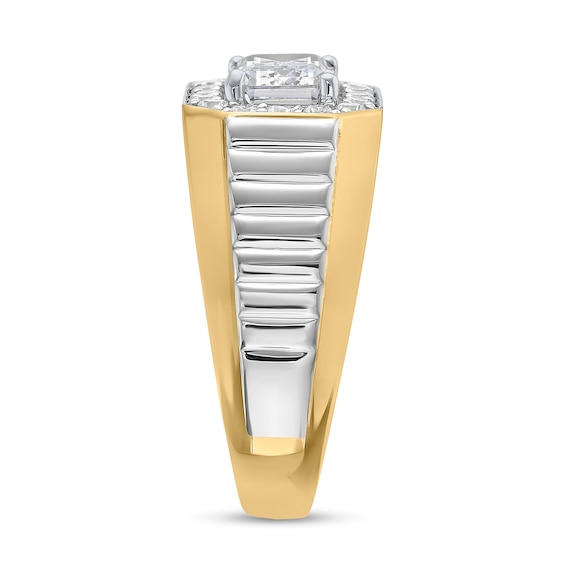 2-1/4 CT. T.w. Emerald-Cut Certified Lab-Grown Diamond Frame Ribbed Shank Ring in 10K Two-Tone Gold (F/Si2)