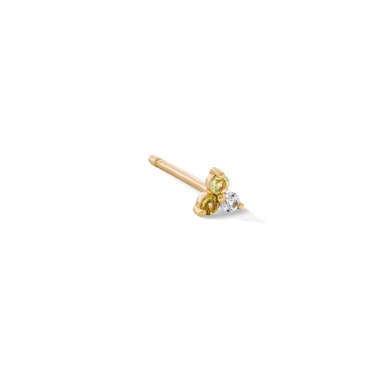 Green Tourmaline, Peridot and White Sapphire Stacked Trio Single Cartilage Stud Earring in 14K Gold