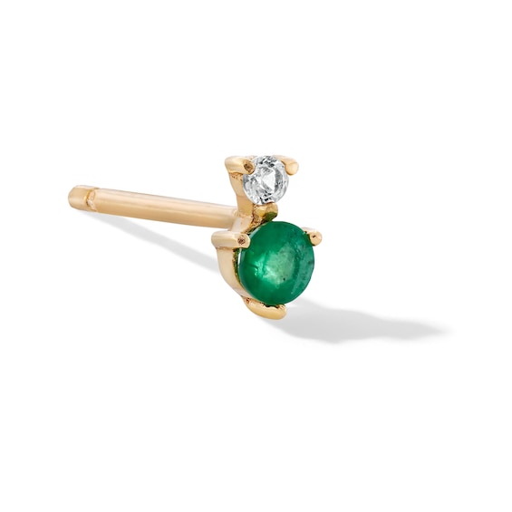 Emerald and White Sapphire Stacked Single Cartilage Stud Earring in 14K Gold