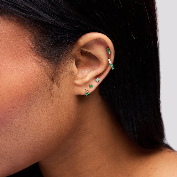 Emerald and White Sapphire Stacked Single Cartilage Stud Earring in 14K Gold