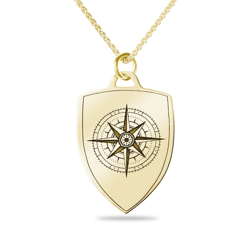 Main Image 1 of Engravable Compass Shield Pendant in 10K White or Yellow Gold (2 Lines) - 22”