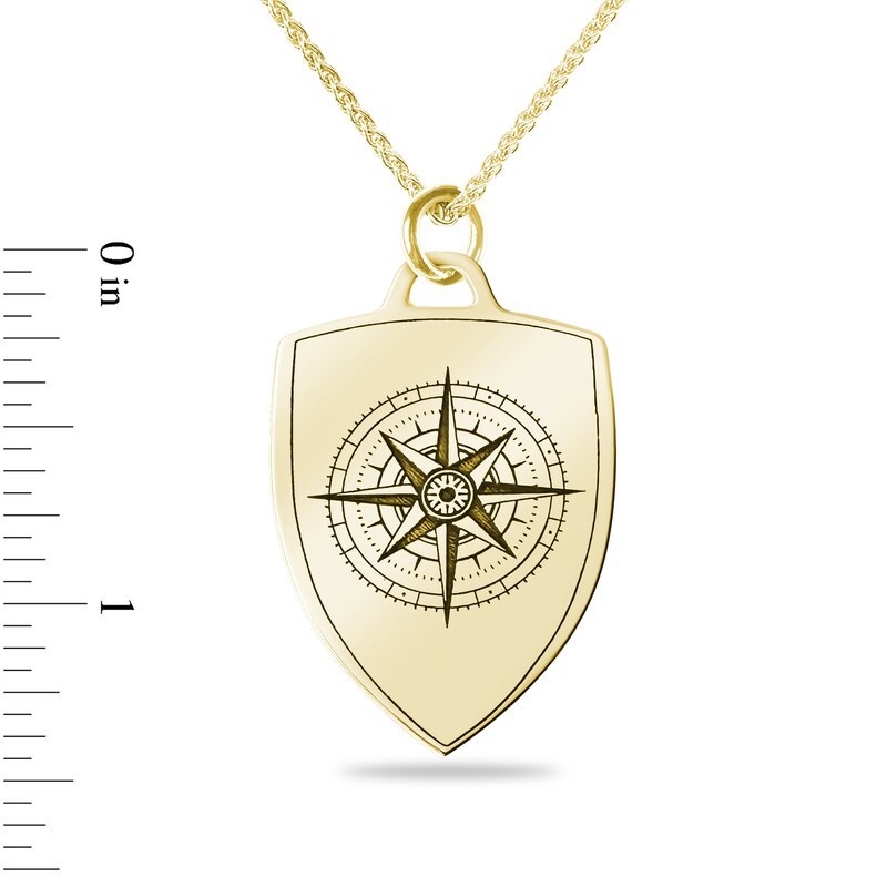 Main Image 3 of Engravable Compass Shield Pendant in 10K White or Yellow Gold (2 Lines) - 22”
