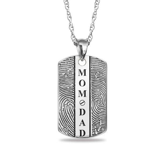 Engravable Fingerprint Dog Tag Pendant in Sterling Silver (2 Fingerprints and 4 Lines)