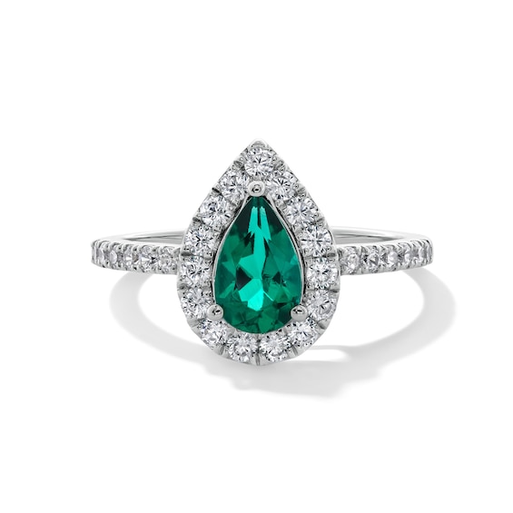 Pear-Shaped Lab-Created Emerald and 1/2 CT. T.w. Certified Lab-Grown Diamond Frame Ring in 14K White Gold (F/Si2)