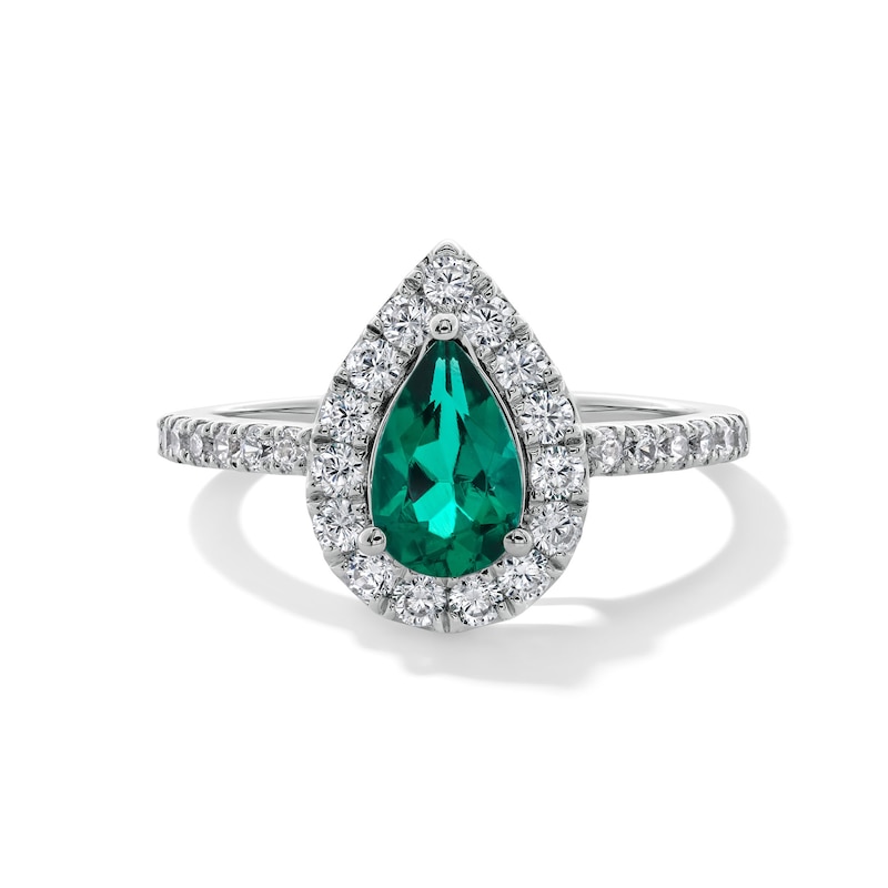 Main Image 1 of Pear-Shaped Lab-Created Emerald and 1/2 CT. T.W. Lab-Grown Diamond Frame Ring in 14K White Gold (F/SI2)