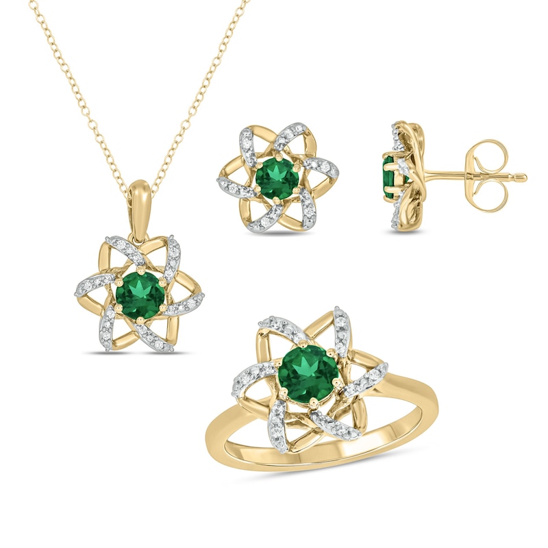 Main Image 1 of Lab-Created Emerald and 1/6 CT. T.W. Diamond Flower Pendant, Earrings and Ring Set in Sterling Silver with Gold Plate