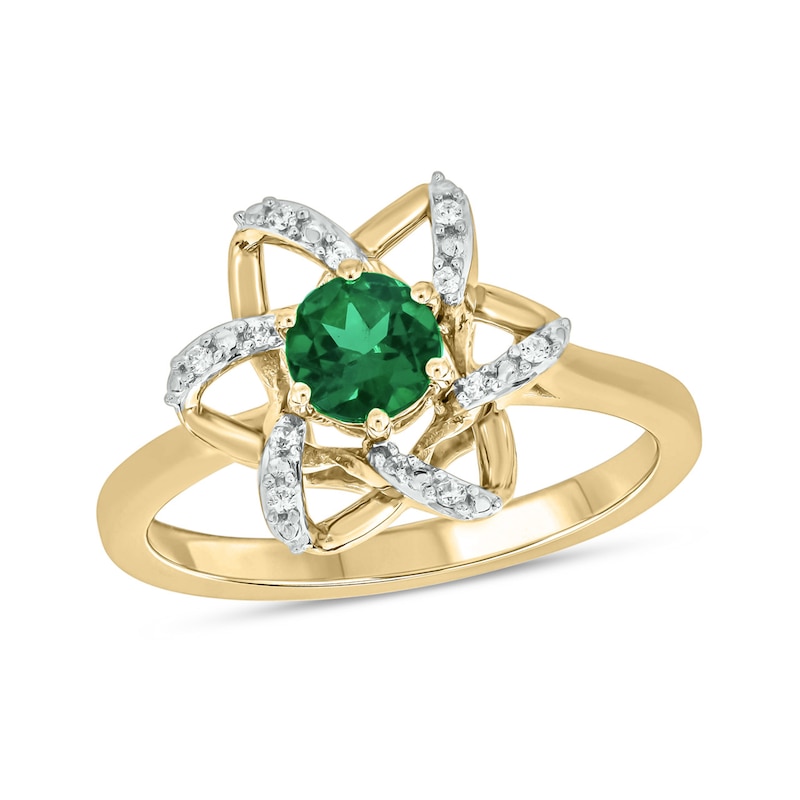 Main Image 2 of Lab-Created Emerald and 1/6 CT. T.W. Diamond Flower Pendant, Earrings and Ring Set in Sterling Silver with Gold Plate