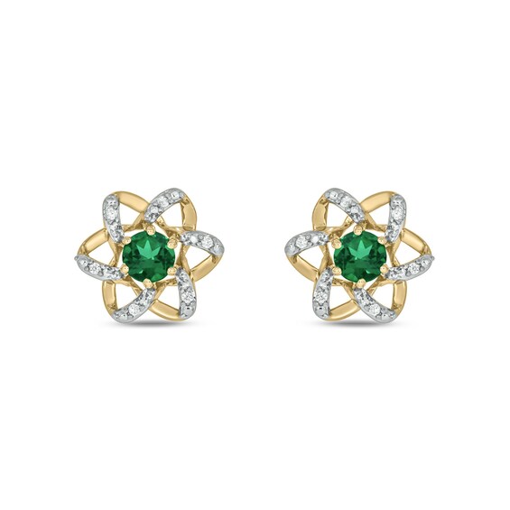 Lab-Created Emerald and 1/6 CT. T.w. Diamond Flower Pendant, Earrings and Ring Set in Sterling Silver with Gold Plate