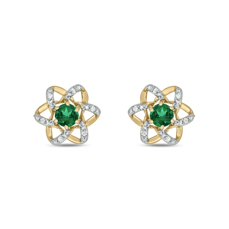 Main Image 3 of Lab-Created Emerald and 1/6 CT. T.W. Diamond Flower Pendant, Earrings and Ring Set in Sterling Silver with Gold Plate