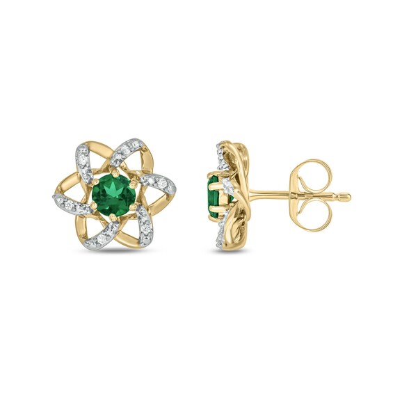 Lab-Created Emerald and 1/6 CT. T.w. Diamond Flower Pendant, Earrings and Ring Set in Sterling Silver with Gold Plate