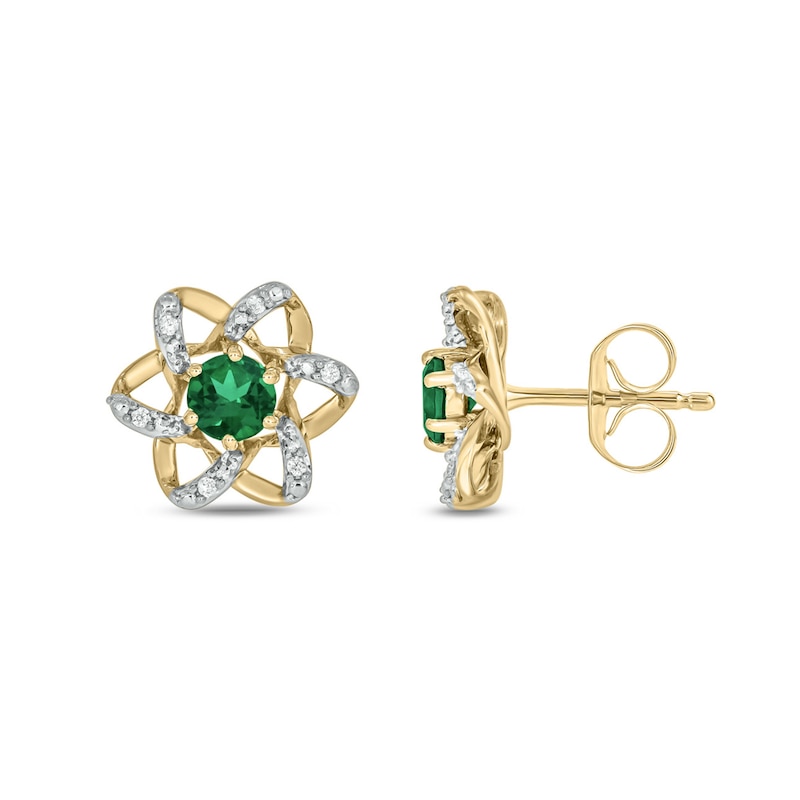 Main Image 4 of Lab-Created Emerald and 1/6 CT. T.W. Diamond Flower Pendant, Earrings and Ring Set in Sterling Silver with Gold Plate