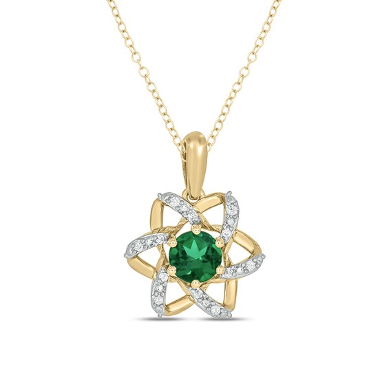 Lab-Created Emerald and 1/6 CT. T.w. Diamond Flower Pendant, Earrings and Ring Set in Sterling Silver with Gold Plate