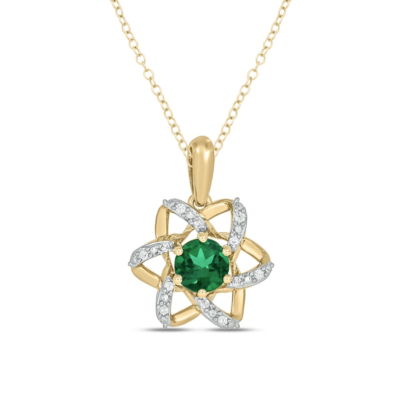Main Image 6 of Lab-Created Emerald and 1/6 CT. T.W. Diamond Flower Pendant, Earrings and Ring Set in Sterling Silver with Gold Plate