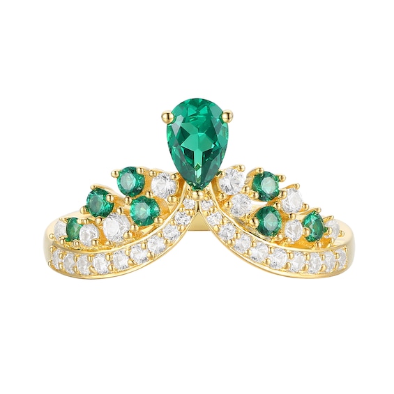 Lab-Created Emerald and White Sapphire Crown Contour Ring Sterling Silver with 14K Gold Plate