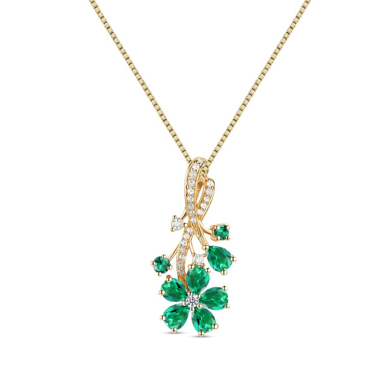 Main Image 1 of Pear and Round Lab-Created Emerald with 1/8 CT. T.W. Diamond Flower Vine Pendant in Sterling Silver with Gold Plate