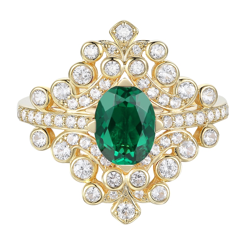 Main Image 1 of Oval Lab-Created Emerald and White Lab-Created Sapphire Ornate Crown Ring in Sterling Silver with 14K Gold Plate
