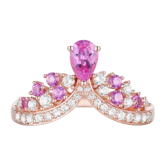 Pink and White Lab-Created Sapphire Crown Contour Ring in Sterling Silver with 14K Rose Gold Plate