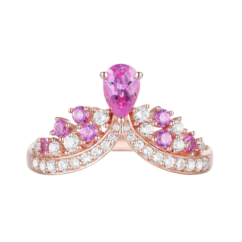 Main Image 1 of Pink and White Lab-Created Sapphire Crown Contour Ring in Sterling Silver with 14K Rose Gold Plate