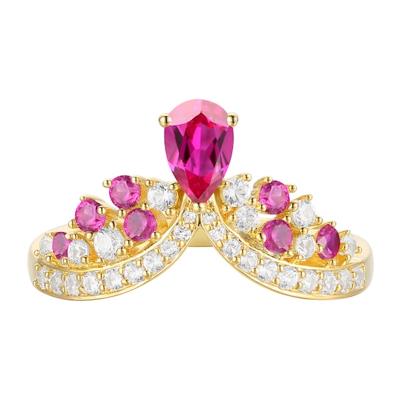 Lab-Created Ruby and White Lab-Created Sapphire Crown Contour Ring in Sterling Silver with 14K Gold Plate