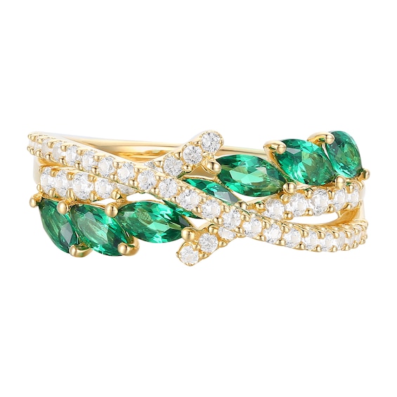 Marquise-Cut Lab-Created Emerald and White Lab-Created Sapphire Crossover Ring in Sterling Silver with 14K Gold Plate
