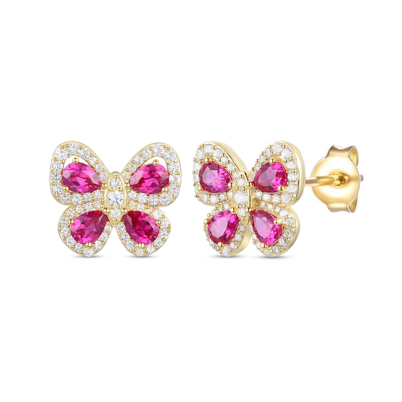 Pear-Shaped Lab-Created Ruby and White Lab-Created Sapphire Butterfly Stud Earrings in Sterling Silver with Gold Plate