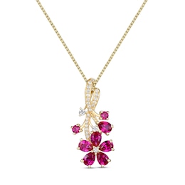 Pear and Round Lab-Created Ruby with 1/8 CT. T.W. Diamond Flower Vine Pendant in Sterling Silver with 14K Gold Plate