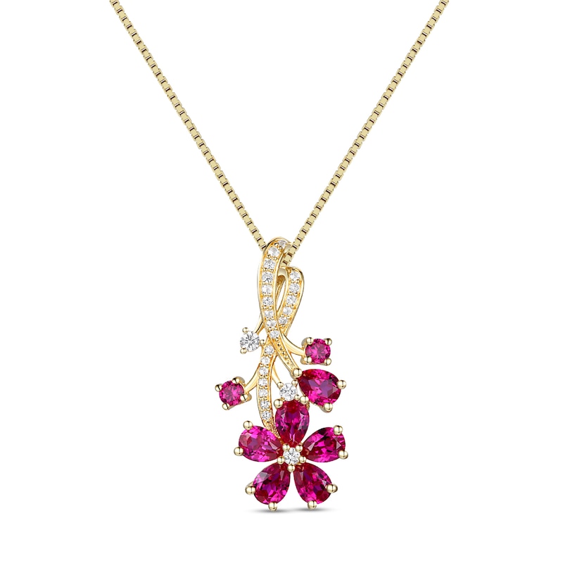 Main Image 1 of Pear and Round Lab-Created Ruby with 1/8 CT. T.W. Diamond Flower Vine Pendant in Sterling Silver with 14K Gold Plate