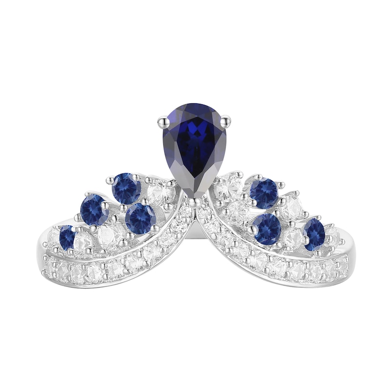 Main Image 1 of Blue and White Lab-Created Sapphire Crown Contour Ring in Sterling Silver