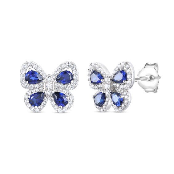 Pear-Shaped Blue and White Lab-Created Sapphire Butterfly Stud Earrings in Sterling Silver
