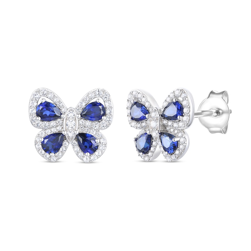 Main Image 1 of Pear-Shaped Blue and White Lab-Created Sapphire Butterfly Stud Earrings in Sterling Silver
