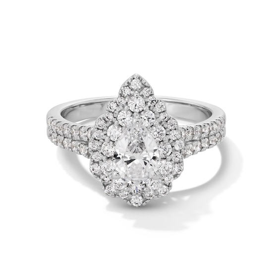 1-1/4 CT. T.w. Pear-Shaped Diamond Double Scallop Frame Double Row Shank Engagement Ring in 14K White Gold