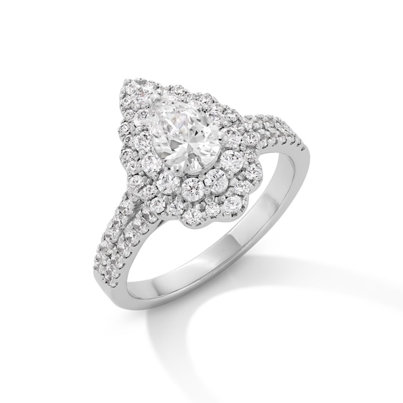 1-1/4 CT. T.w. Pear-Shaped Diamond Double Scallop Frame Double Row Shank Engagement Ring in 14K White Gold
