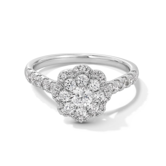 1 CT. T.w. Diamond Double Flower Frame Engagement Ring in 14K White Gold