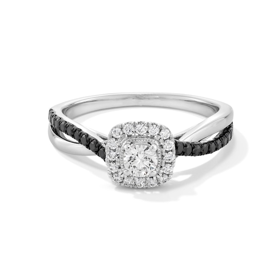 1/2 CT. T.w. Black and White Diamond Cushion Frame Crossover Shank Engagement Ring in 14K White Gold