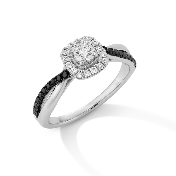 1/2 CT. T.w. Black and White Diamond Cushion Frame Crossover Shank Engagement Ring in 14K White Gold