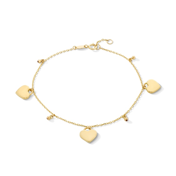 Diamond-Cut Heart and Bead Dangle Station Bracelet in 14K Gold - 7.5â
