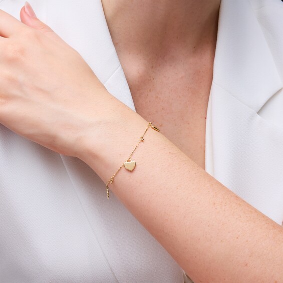 Diamond-Cut Heart and Bead Dangle Station Bracelet in 14K Gold - 7.5â