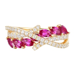 Marquise-Cut Lab-Created Ruby and White Lab-Created Sapphire Crossover Ring in Sterling Silver with 14K Gold Plate